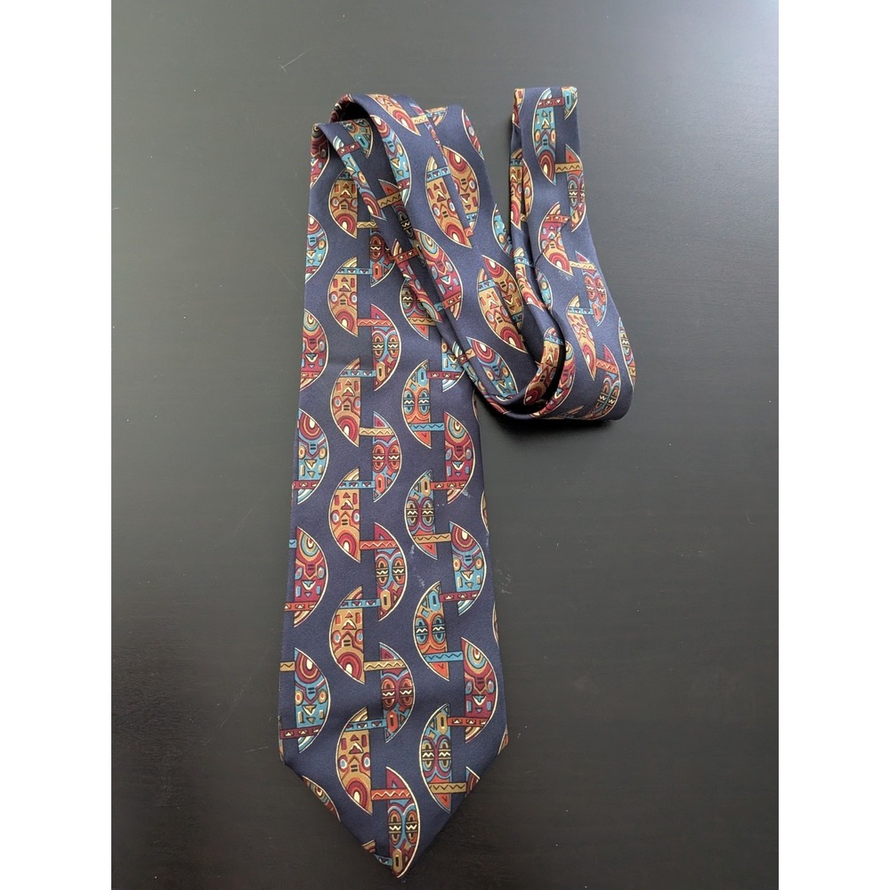 Chaps Ralph‎ Lauren Silk Tie 58" Blue Tribal Islander Design USA Made